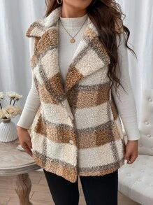Calvaya Plus Plaid Pattern Lapel Neck Teddy Vest Coat - Multicolor - View 5