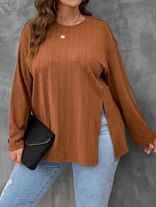 SHEIN LUNE Áo thun Plus size Chia màu trơn Giải trí - màu nâu - Xem 2