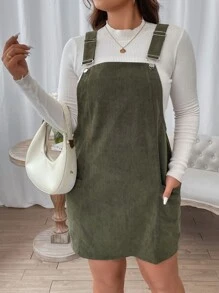 Flirla 大碼補丁貼口袋燈芯絨背帶裙不帶T恤 - 軍綠色 - 查看 4