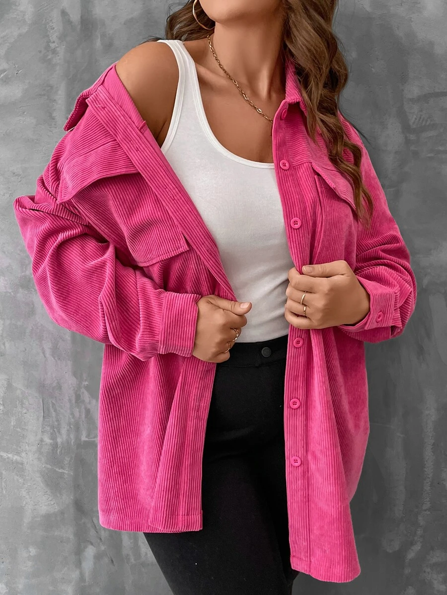 SHEIN LUNE Plus Drop Shoulder Flap Pocket Corduroy Coat Fall Winter Cloth For Women Autumn - Hot Pink - View 1