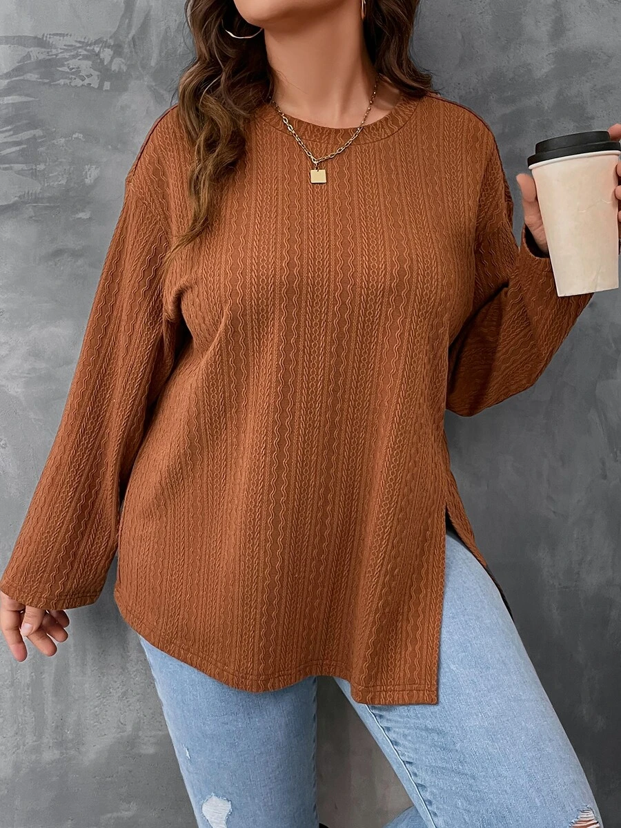 SHEIN LUNE Áo thun Plus size Chia màu trơn Giải trí - màu nâu - Xem 1