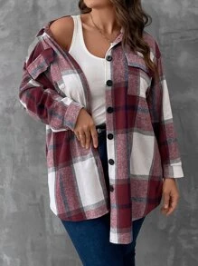 SHEIN LUNE Plus Plaid Flap Pocket Drop Shoulder Coat - Purple - View 3