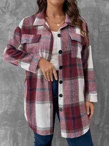 SHEIN LUNE Plus Plaid Flap Pocket Drop Shoulder Coat - Purple - View 4