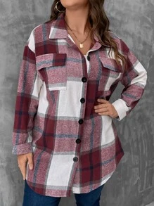 SHEIN LUNE Plus Plaid Flap Pocket Drop Shoulder Coat - Purple - View 5