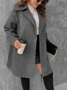 SHEIN LUNE Plus Lapel Neck Drop Shoulder Overcoat - Dark Grey - View 1