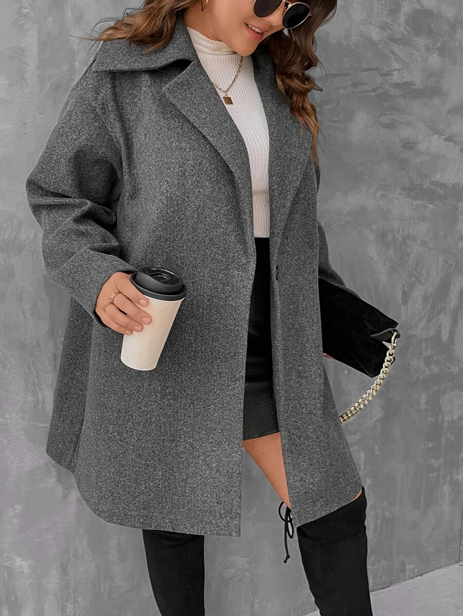 SHEIN LUNE Plus Lapel Neck Drop Shoulder Overcoat - Dark Grey - View 1