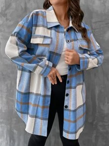 SHEIN LUNE Plus Plaid Flap Pocket Drop Shoulder Coat