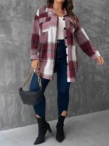 SHEIN LUNE Plus Plaid Flap Pocket Drop Shoulder Coat - Purple - View 6