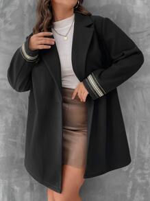 SHEIN Unity Plus Lapel Neck Striped Trim Overcoat - Black - View 1
