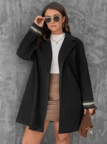 SHEIN Unity Plus Lapel Neck Striped Trim Overcoat - Black - View 3
