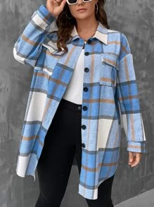 SHEIN LUNE Plus Plaid Flap Pocket Drop Shoulder Coat