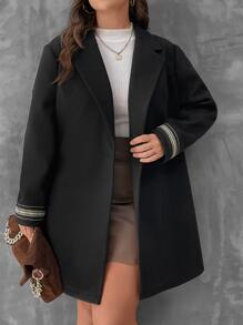 SHEIN Unity Plus Lapel Neck Striped Trim Overcoat - Black - View 4