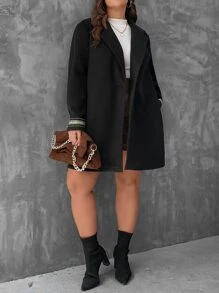 SHEIN Unity Plus Lapel Neck Striped Trim Overcoat - Black - View 5