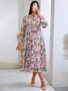 GENKIRA Đầm Viên lá sen phân lớp Tất cả trên in Giải trí - Nhiều màu - Xem 1