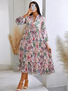 GENKIRA Đầm Viên lá sen phân lớp Tất cả trên in Giải trí - Nhiều màu - Xem 3