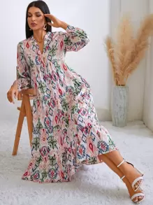 GENKIRA Đầm Viên lá sen phân lớp Tất cả trên in Giải trí - Nhiều màu - Xem 4