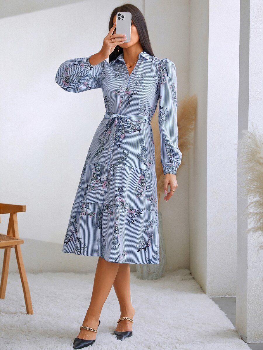 SHEIN Privé Đầm Thắt lưng Viên lá sen Nút phía trước phân lớp Hoa Sọc Giải trí - Xanh và trắng - Xem 1