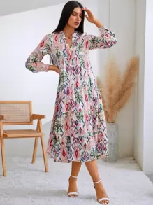 GENKIRA Đầm Viên lá sen phân lớp Tất cả trên in Giải trí - Nhiều màu - Xem 5