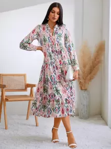 GENKIRA Đầm Viên lá sen phân lớp Tất cả trên in Giải trí - Nhiều màu - Xem 6