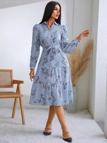 SHEIN Privé Đầm Thắt lưng Viên lá sen Nút phía trước phân lớp Hoa Sọc Giải trí - Xanh và trắng - Xem 5