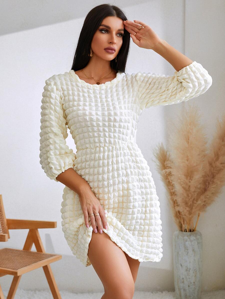 GENKIRA Lantern Sleeve Textured A-line Dress - Beige - View 1