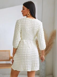 GENKIRA Lantern Sleeve Textured A-line Dress - Beige - View 2