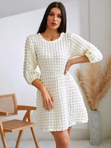 GENKIRA Lantern Sleeve Textured A-line Dress - Beige - View 3