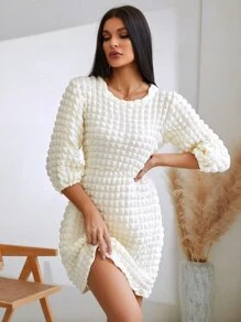 GENKIRA Lantern Sleeve Textured A-line Dress - Beige - View 4