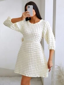 GENKIRA Lantern Sleeve Textured A-line Dress - Beige - View 5