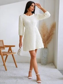 GENKIRA Lantern Sleeve Textured A-line Dress - Beige - View 6