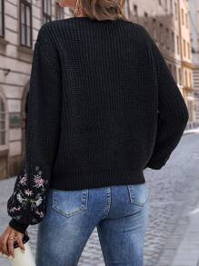 SHEIN LUNE Áo len nữ Thêu Hoa Giải trí - màu đen - Xem 2