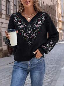 SHEIN LUNE Áo len nữ Thêu Hoa Giải trí - màu đen - Xem 3