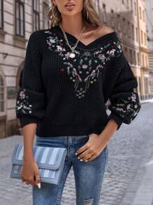 SHEIN LUNE Áo len nữ Thêu Hoa Giải trí - màu đen - Xem 6
