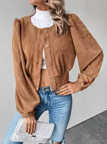 SHEIN Unity 素色前紐扣泡泡袖短夾克 - 棕色 - 查看 1