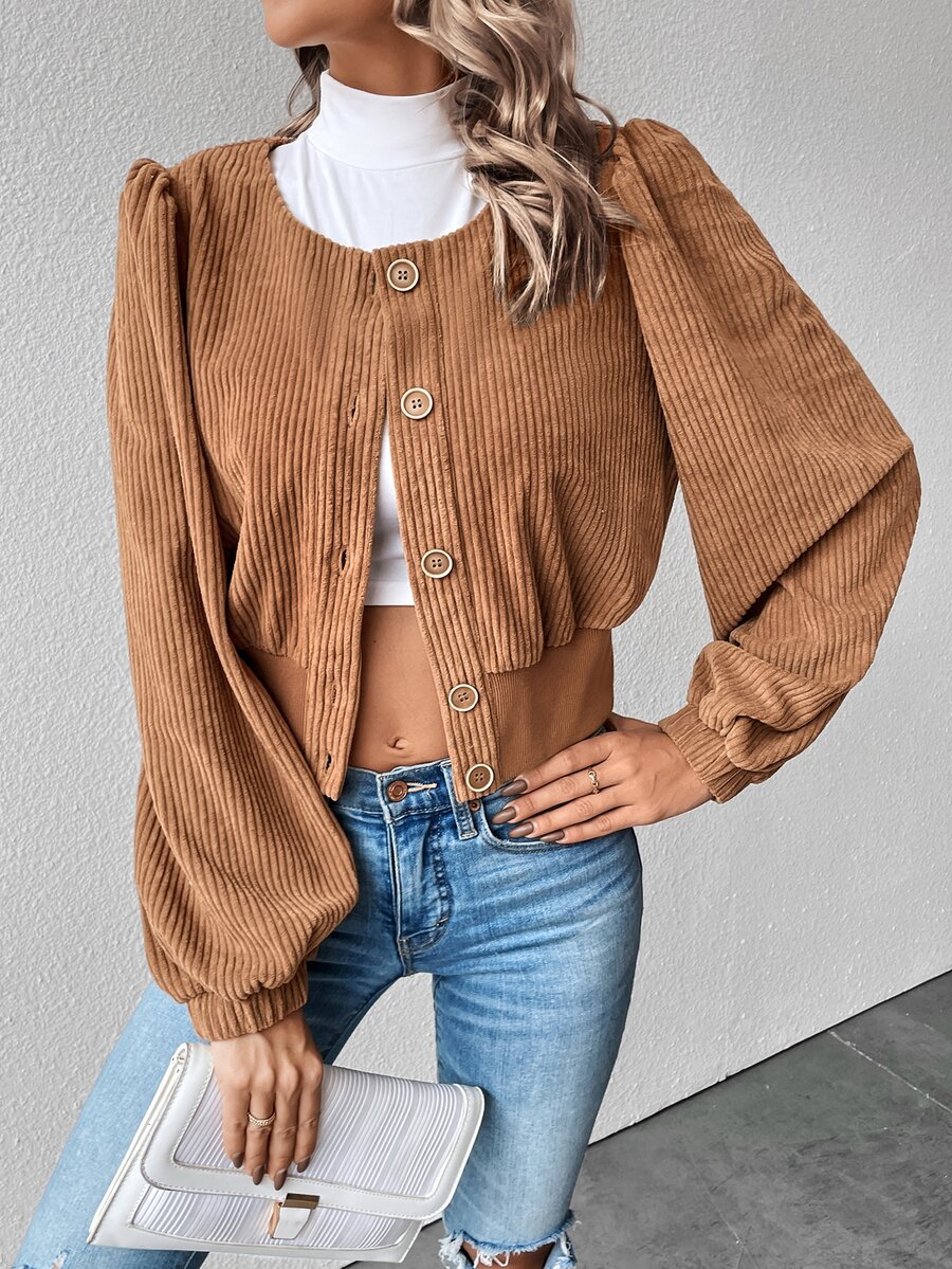 SHEIN Unity 素色前紐扣泡泡袖短夾克 - 棕色 - 查看 1