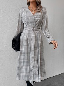 Plaid Print Drop Shoulder Coat - Black and White - View 1