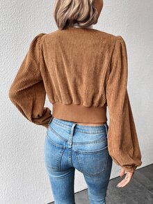 SHEIN Unity 素色前紐扣泡泡袖短夾克 - 棕色 - 查看 2