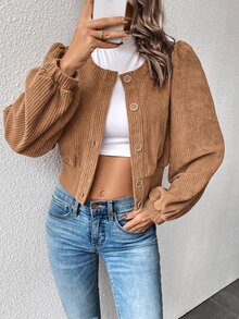 SHEIN Unity 素色前紐扣泡泡袖短夾克 - 棕色 - 查看 3