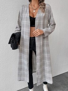 Plaid Print Drop Shoulder Coat - Black and White - View 3