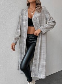 Plaid Print Drop Shoulder Coat - Black and White - View 4