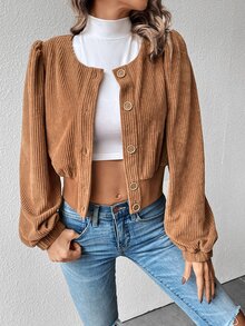 SHEIN Unity 素色前紐扣泡泡袖短夾克 - 棕色 - 查看 4