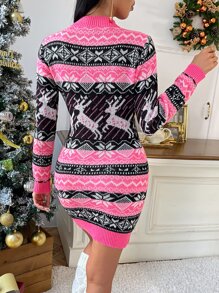Christmas Pattern Jumper Dress - Hot Pink - View 2