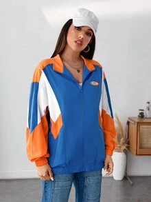 SHEIN EZwear Letter Graphic Colourblock Drop Shoulder Jacket - Multicolor - View 4