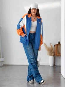 SHEIN EZwear Letter Graphic Colourblock Drop Shoulder Jacket - Multicolor - View 5