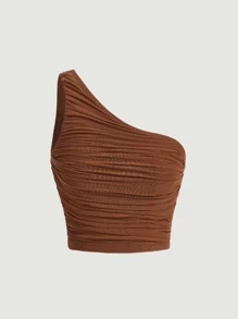 SHEIN MOD One Shoulder Ruched Top - Coffee Brown - View 2