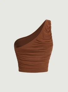 SHEIN MOD One Shoulder Ruched Top - Coffee Brown - View 6