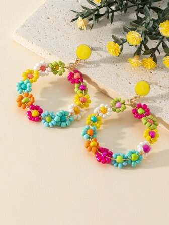 Beaded Flower Drop Earrings