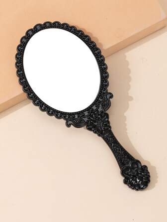 Vintage Elegant Black Textured Oval Mirrored Handheld Mirror