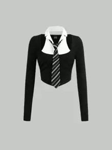SHEIN MOD Colorblock 2 In 1 Top With Tie - Black and White - View 2