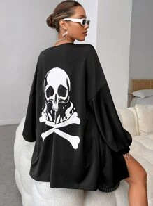 SHEIN Coolane Skeleton Print Drop Shoulder Coat - Black - View 2
